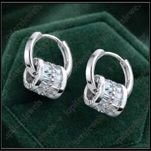 NEW SILVER STEEL BAGUETTE DIAMOND "BELOVED" LUCKY WHEEL HOOP EARRINGS